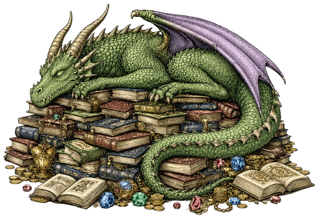 Pencil illustration of a dragon dozing atop a trove of books, gold, and gems